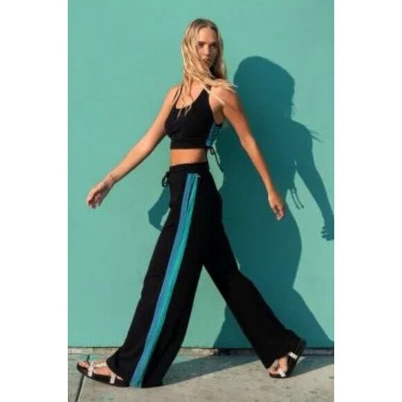 Lspace Active Black Challenger Pants Wide Leg Blue Stripe Xs - Picture 1 of 9